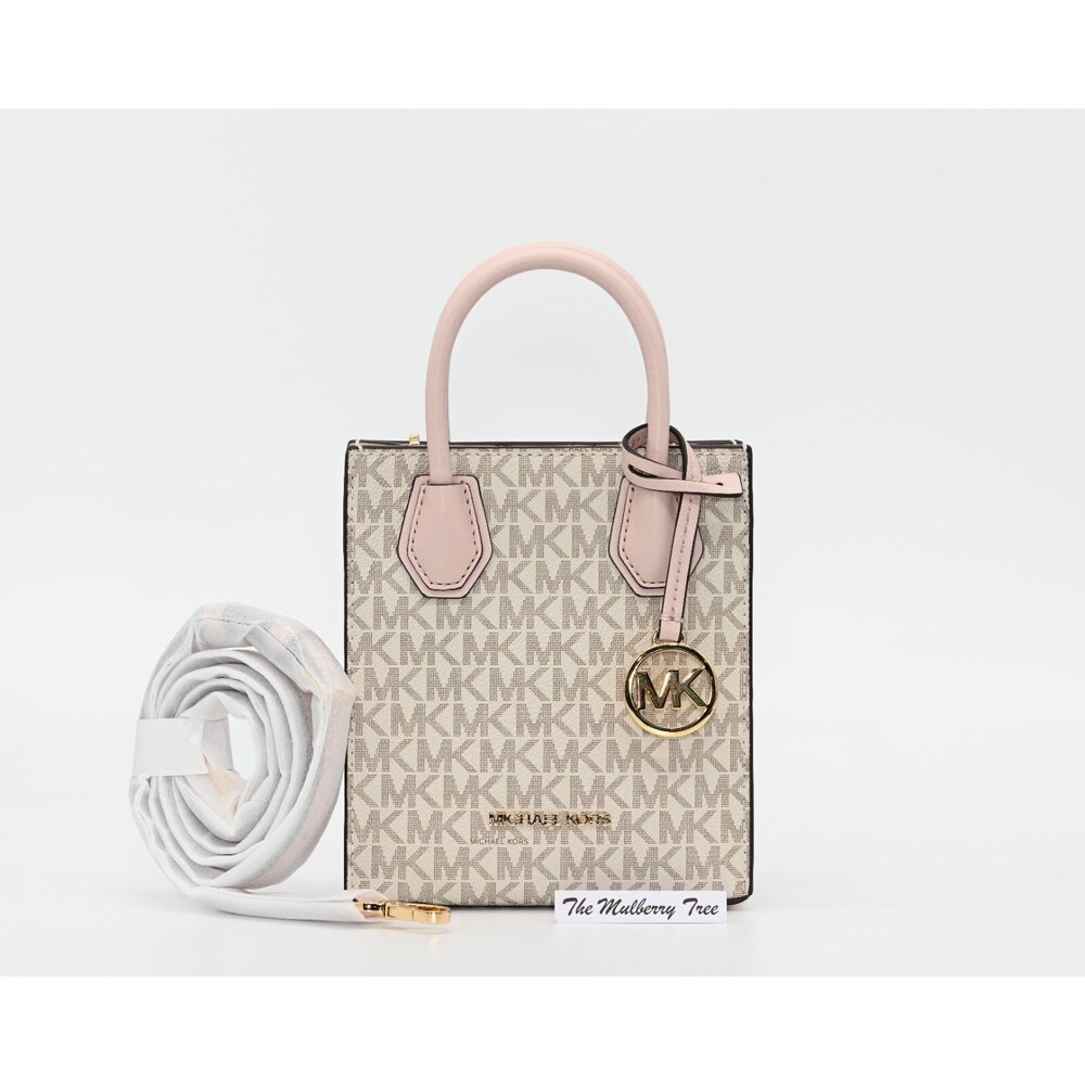 Michael Kors MK Mercer Extra Small Shopper Canvas Leather Crossbody Purse Pink
